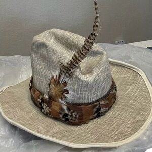 VTG HAT 1980s WAXED LINEN WATERPROOF UNISEX COWBOY RAIN HAT NEVER WORN FEATHERS